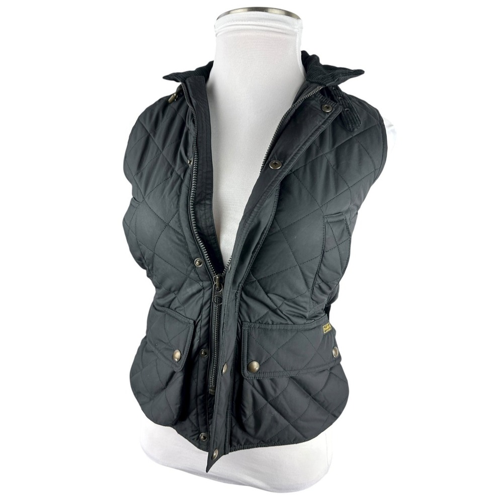 Polo Ralph Lauren Diamond Quilted Vest XS Black Full Zip Corduroy Collar Belt - Picture 6 of 16